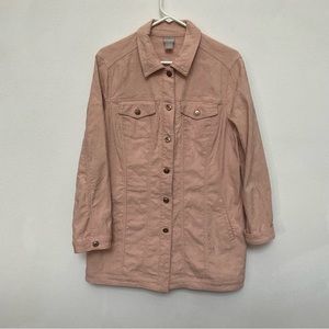 Chico's Blush Pink Lace Print Button Front Long Coat Size 2 US Size 12/14